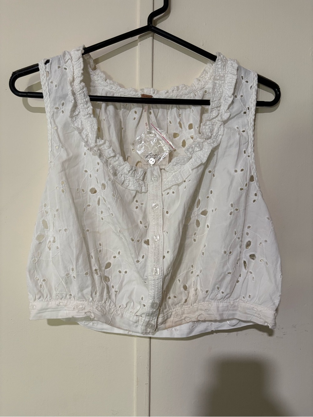 Free People White Eyelet Ruffle Button-Front Crop Camisole